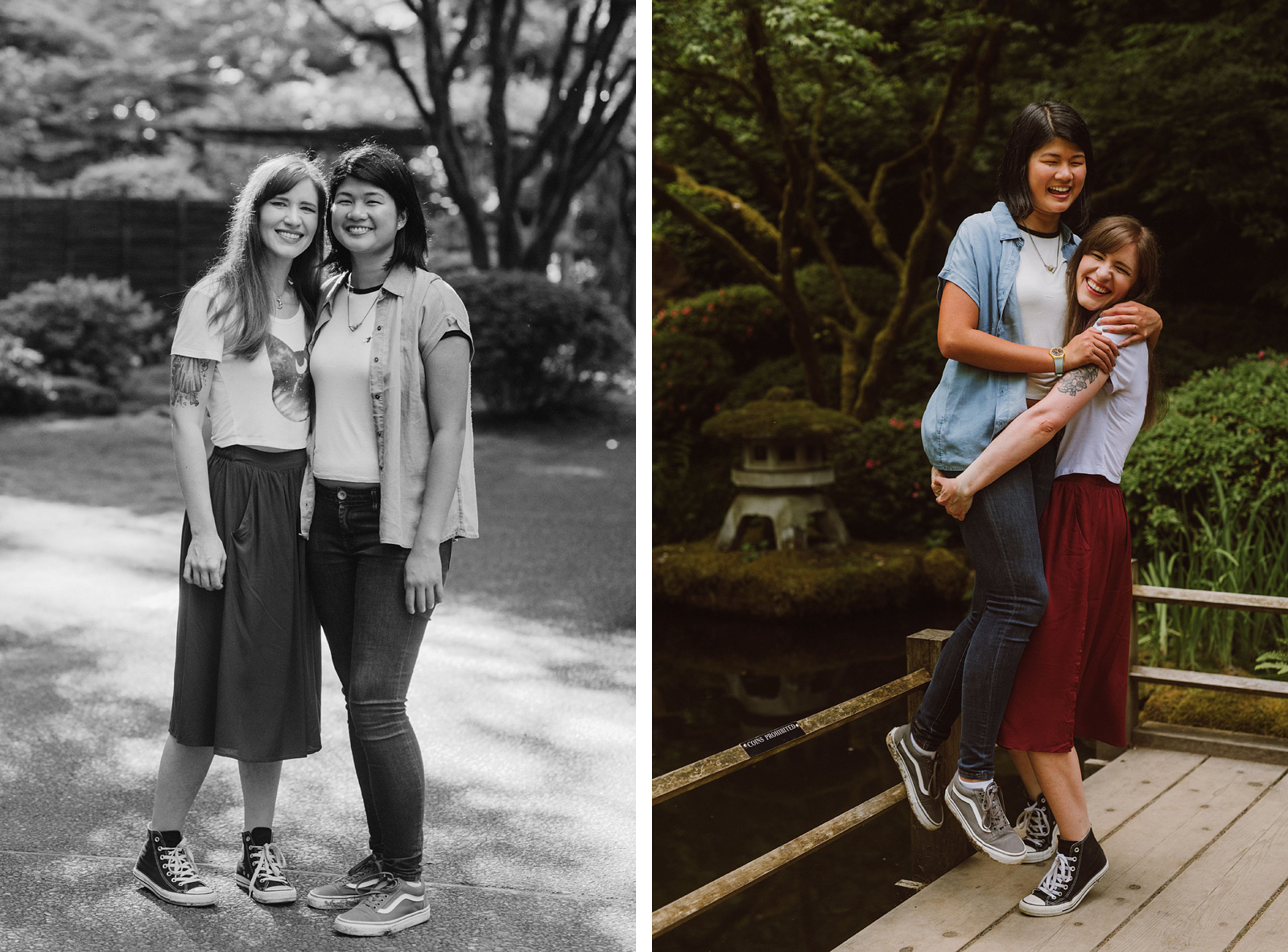 Newly engaged couple goofing off by the pond - Portland Japanese Garden Proposal