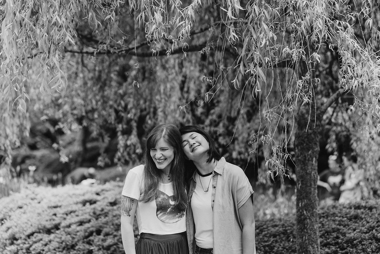 Black and white portrait of couple under a tree - Portland Japanese Garden Proposal