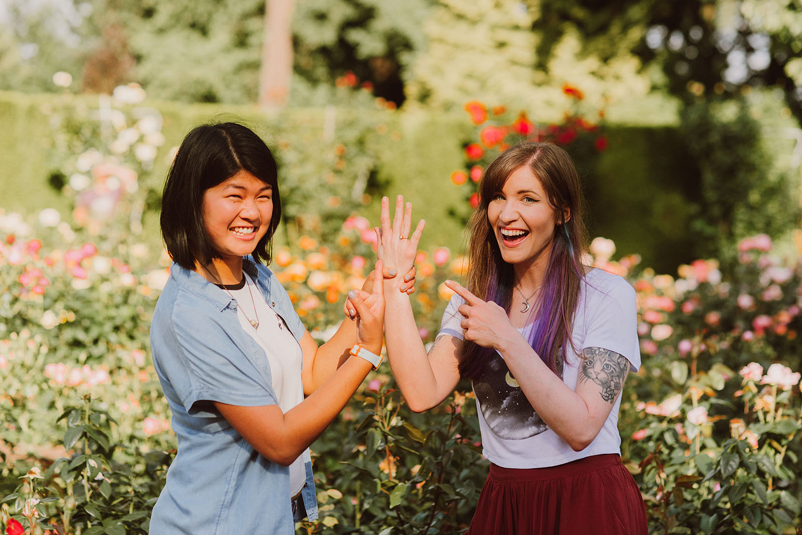 Newly engaged couple at the Rose Test Garden - Portland Japanese Garden Proposal