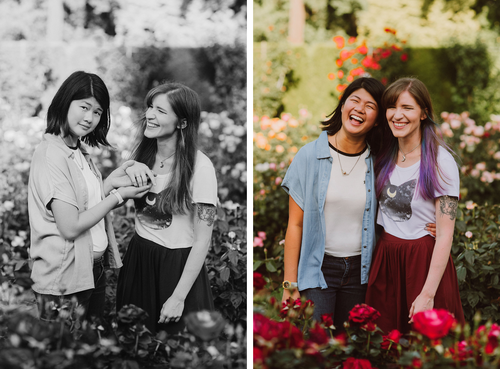 Couple goofing off in the Rose Test Garden - Portland Japanese Garden Proposal