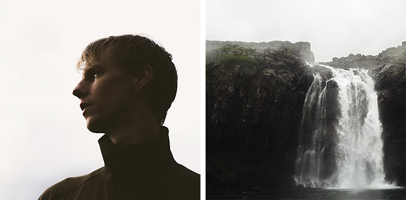 Two images used to create double exposures in photoshop: A man's profile and a waterfall