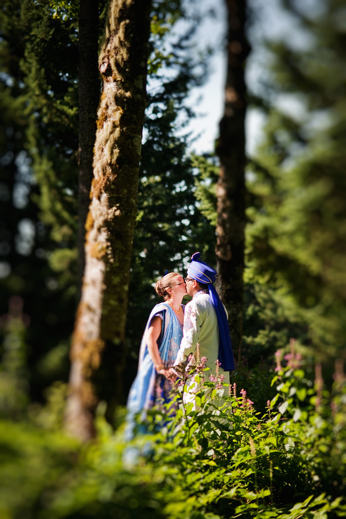 Bride Heidi Cody and Groom Navin kissing - Bridal Veil Lakes wedding - Portland Oregon
