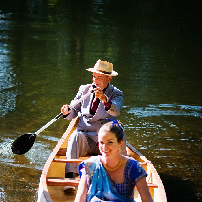 Bridal Veil Lakes Wedding Photographer - Father of Bride, Robin Cody arrives in canoe with Bride