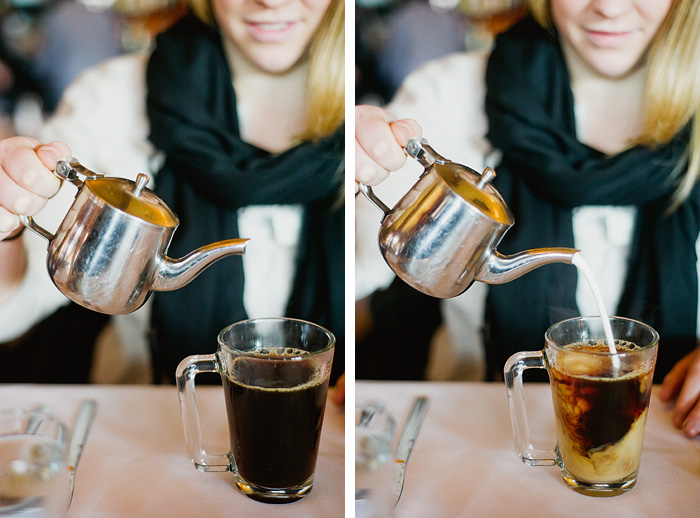 le bistro Montage Brunch: Allyson pours cream in her coffee - Portland lifestyle