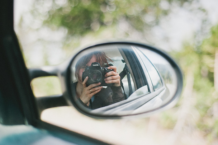 Portland Lifestyle Photographer - Self-portrait in car mirror during road trip
