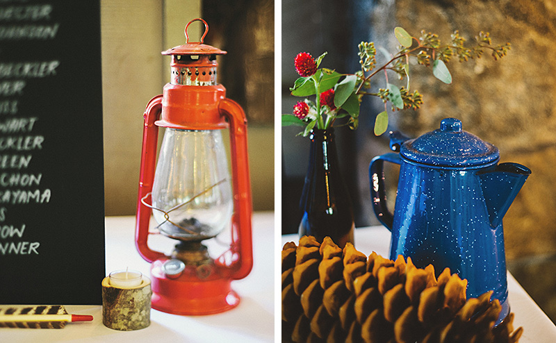 Summer Camp decorations: lamp, pine cone, camping tea kettle | Kate & Will's Camp Seely Wedding | Kim Smith-Miller