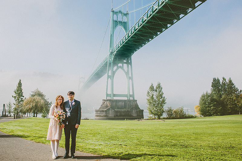 Portrait of Bride and Groom with the St. John's Bridge - Cathdral Park Elopement in Portland, OR