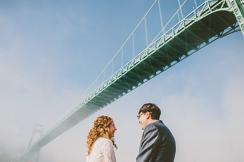 Portrait of Bride and Groom with the St. John's Bridge - Cathdral Park Elopement in Portland, OR
