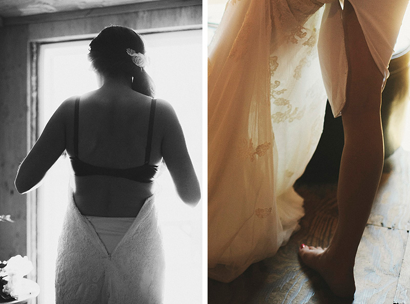 Bride putting on wedding dress - Historic Kirchem Farm Wedding Photographer - Oregon City