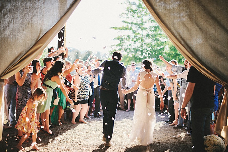 Bride and Groom leaving the reception to a flower petal exit - Historic Kirchem Farm Wedding Photographer - Oregon City