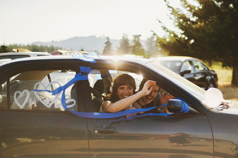 Driving away in their Just Married! car - Historic Kirchem Farm Wedding Photographer - Oregon City