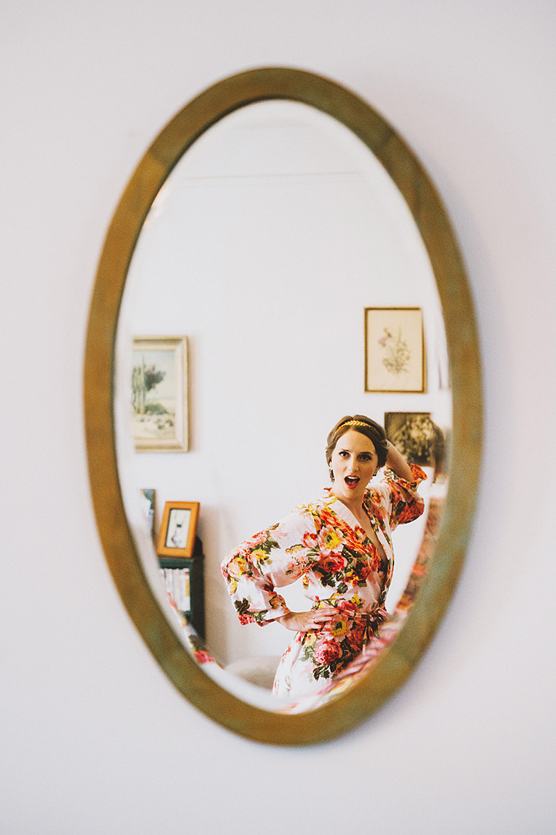 Bride goofing off in the mirror - Pendarvis Farm Wedding