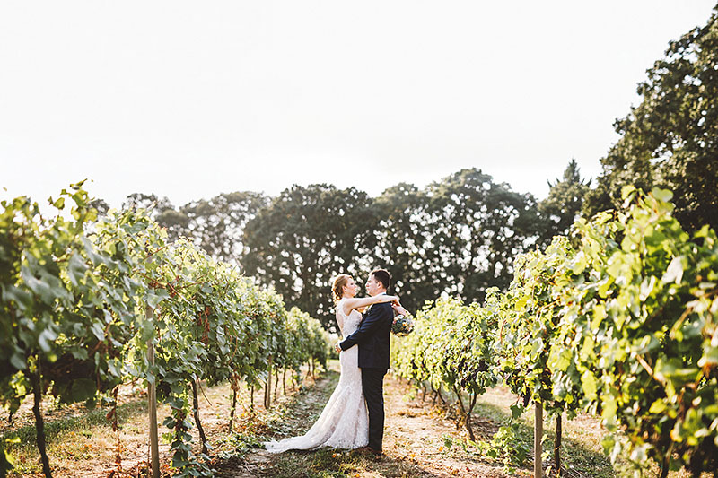 Portrait of Bride and Groom in the vineyards - Rustic Postlewait's Wedding in Canby, OR