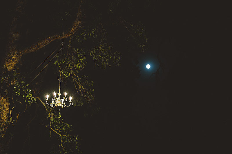 Chandeliers in the trees and the full moon - Rustic Postlewait's Wedding in Canby, OR