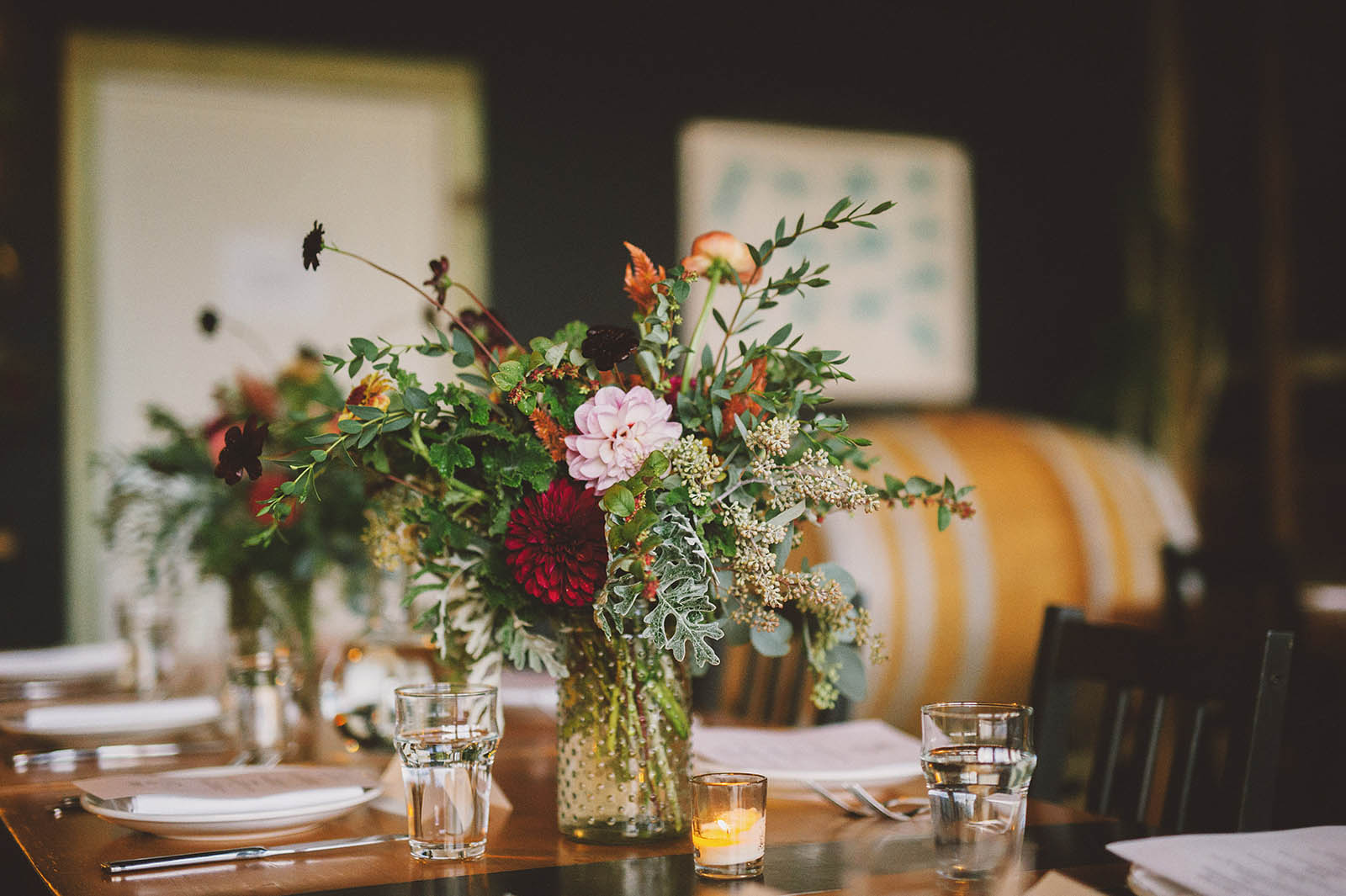Table settings at a Clay Pigeon Winery wedding reception