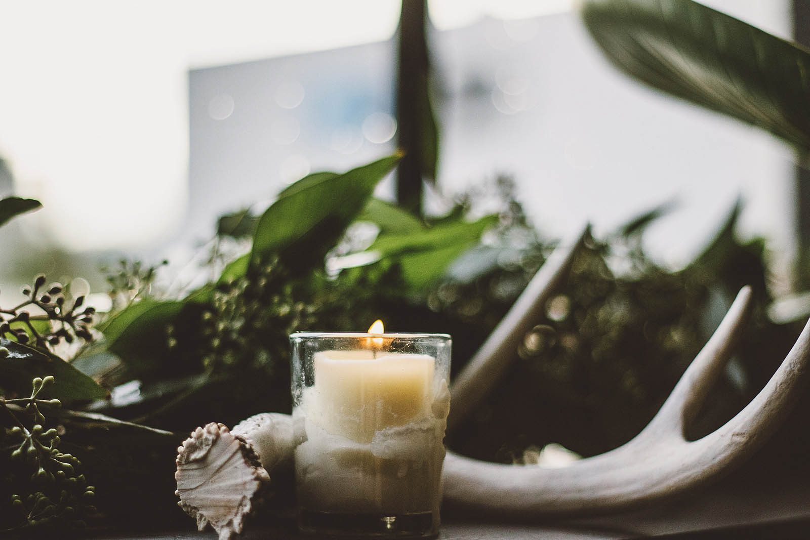 Candles and antlers at a Clay Pigeon Winery wedding reception
