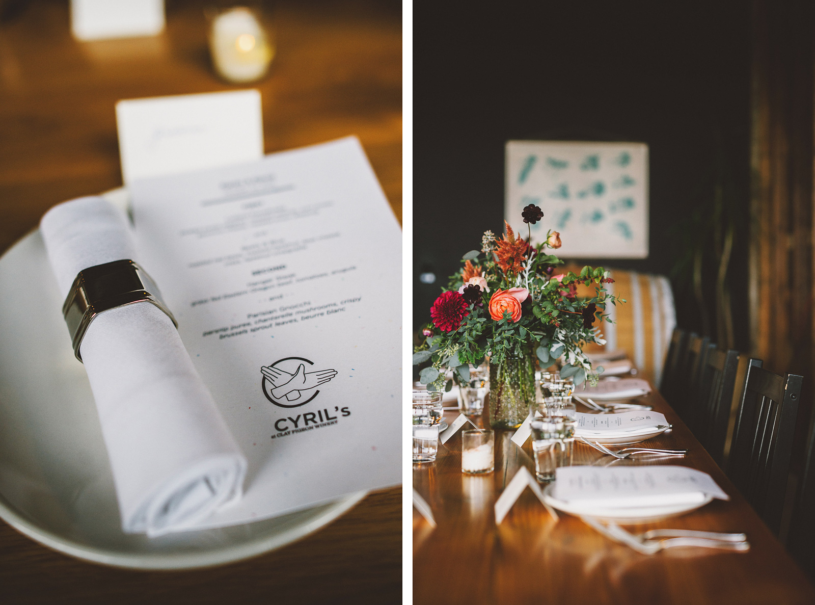 Table settings at a Clay Pigeon Winery wedding reception