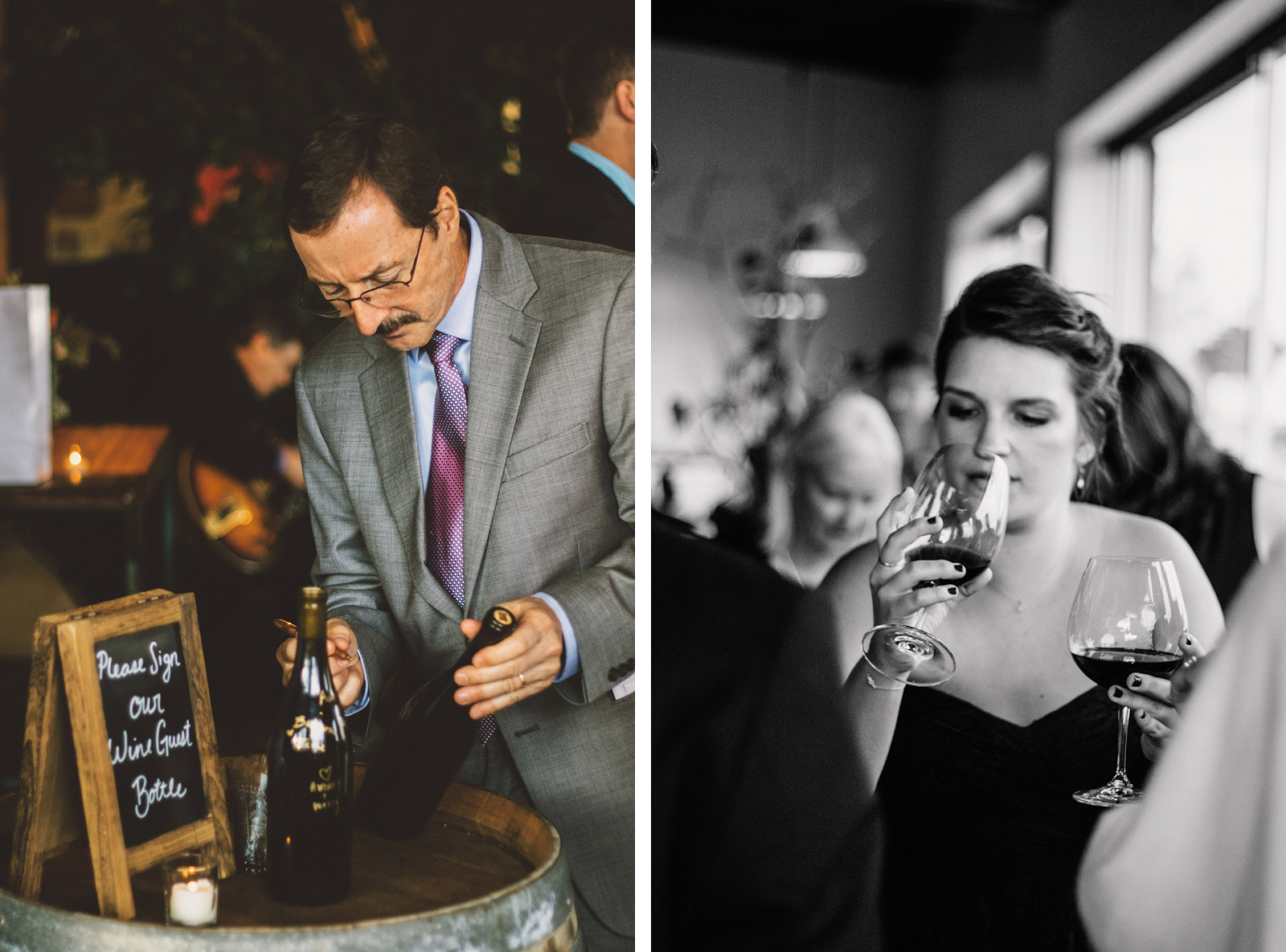 Guests mingling and wine tasting at a Clay Pigeon Winery wedding reception