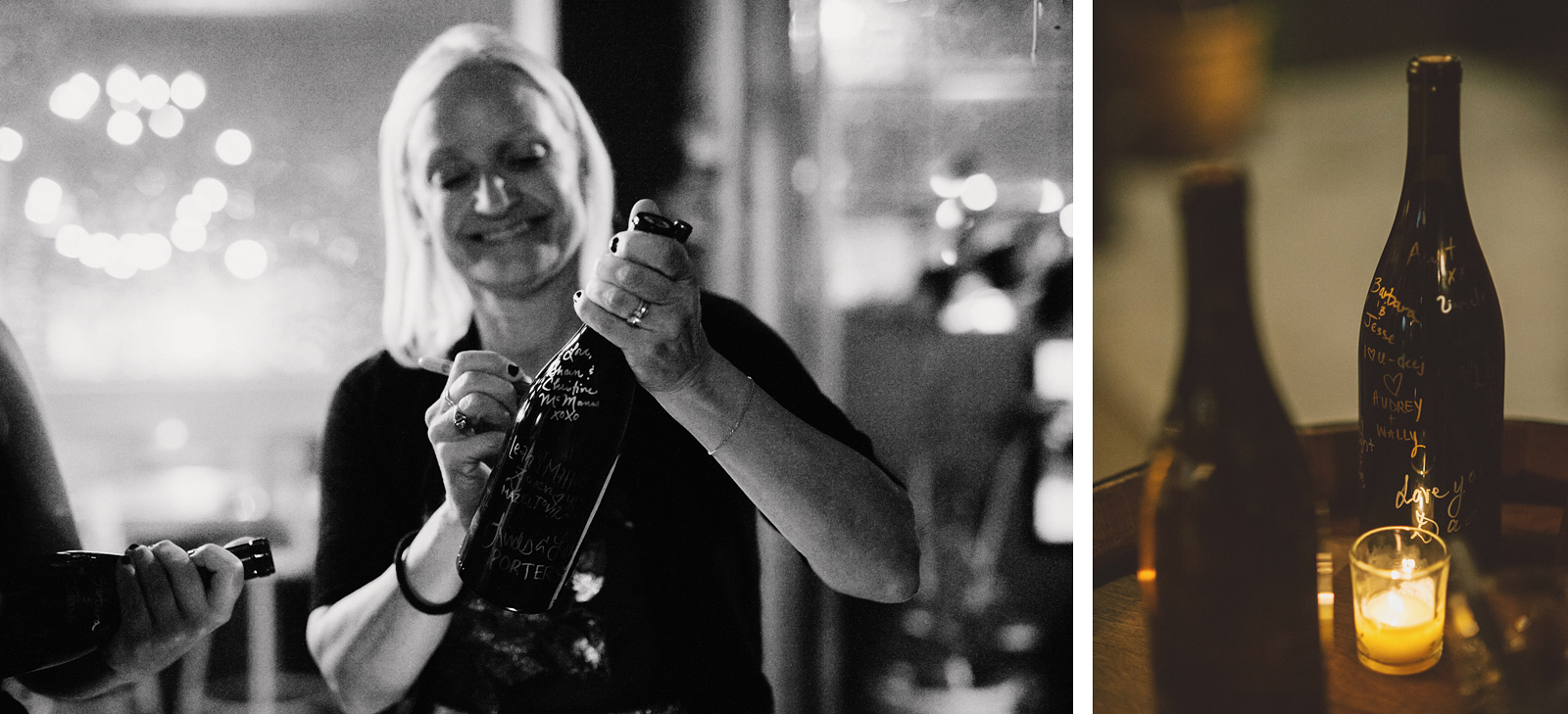 Guests signing bride and groom's wine bottles | Clay Pigeon Winery wedding