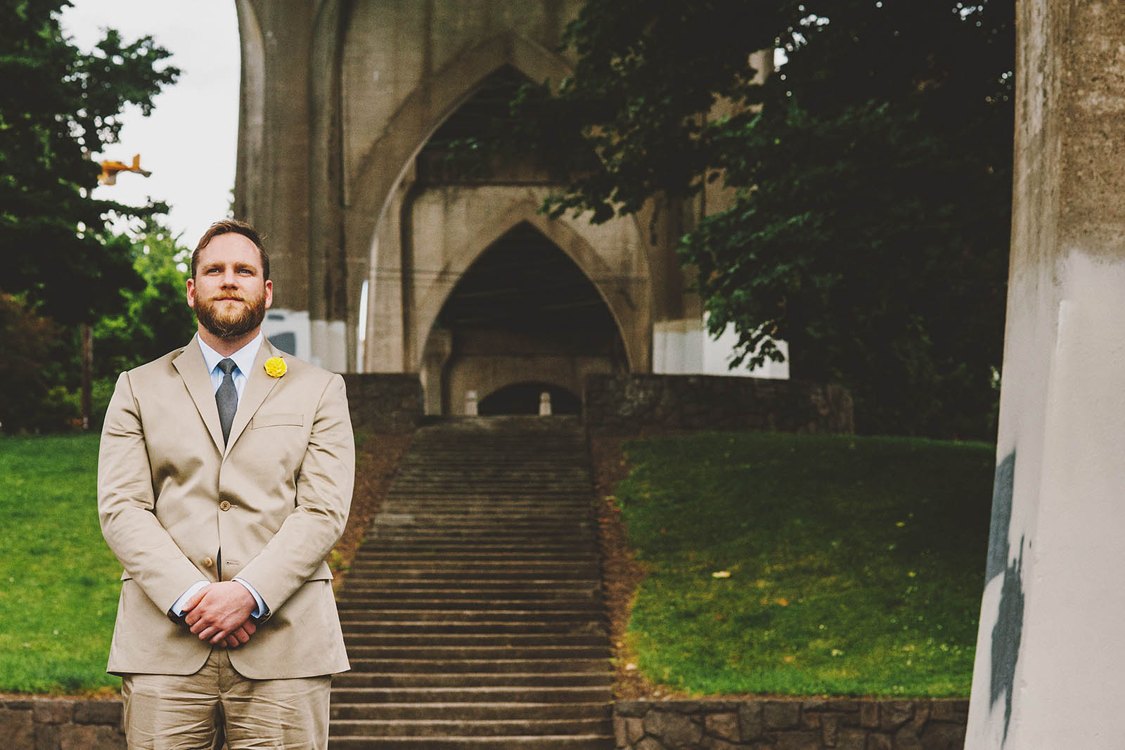 Groom waiting for the First Look | Cathedral Park Wedding