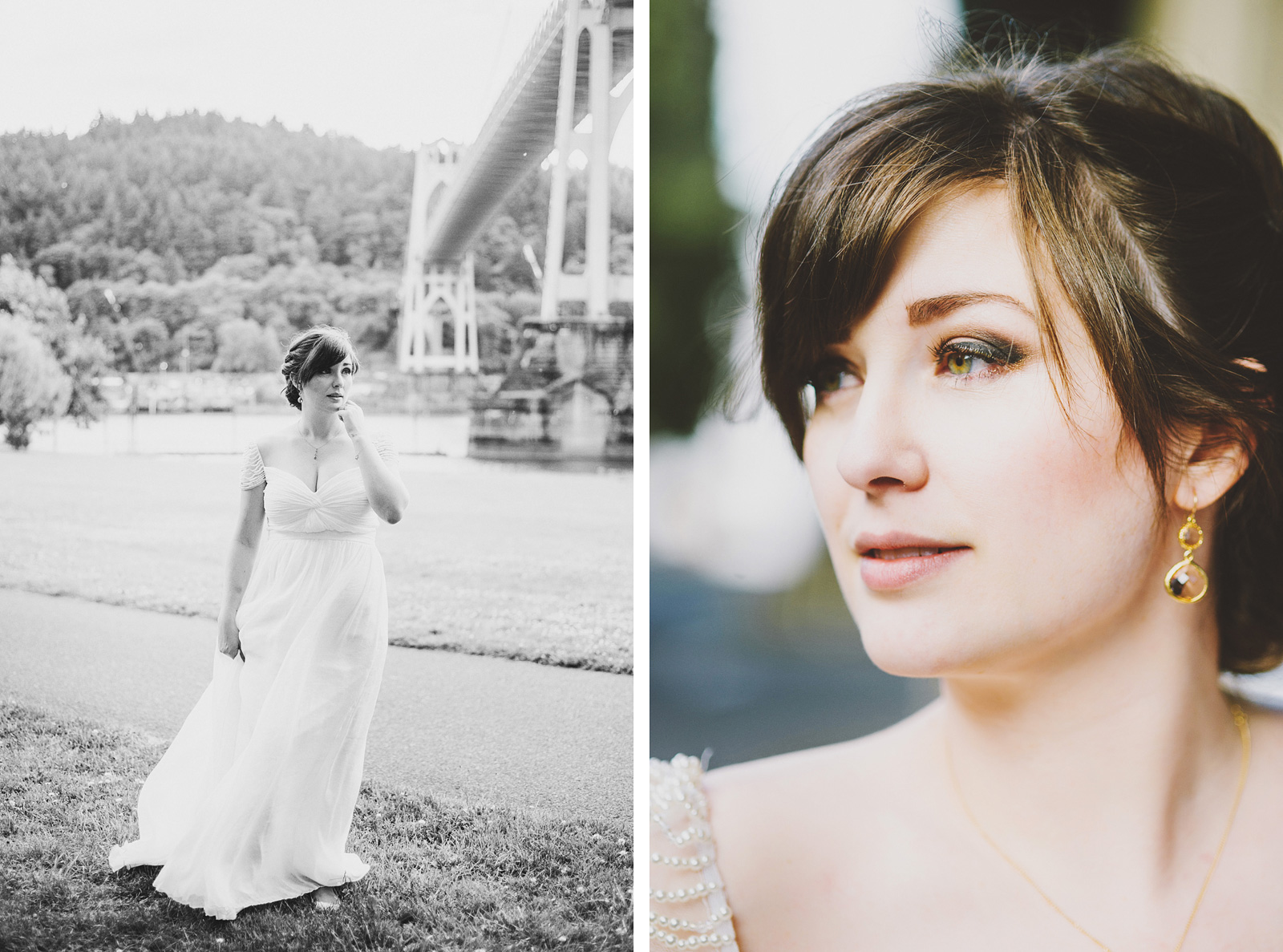 Portraits of bride under the St. Johns Bridge | Cathedral Park Wedding