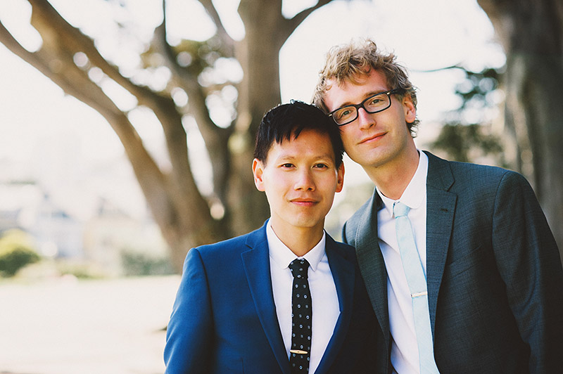 Foreign Cinema Wedding - Portrait of the Grooms in Alamo Square Park