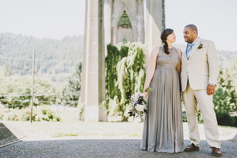 St Johns Bridge Wedding - Portrait of Bride and Groom by the Willow Tree