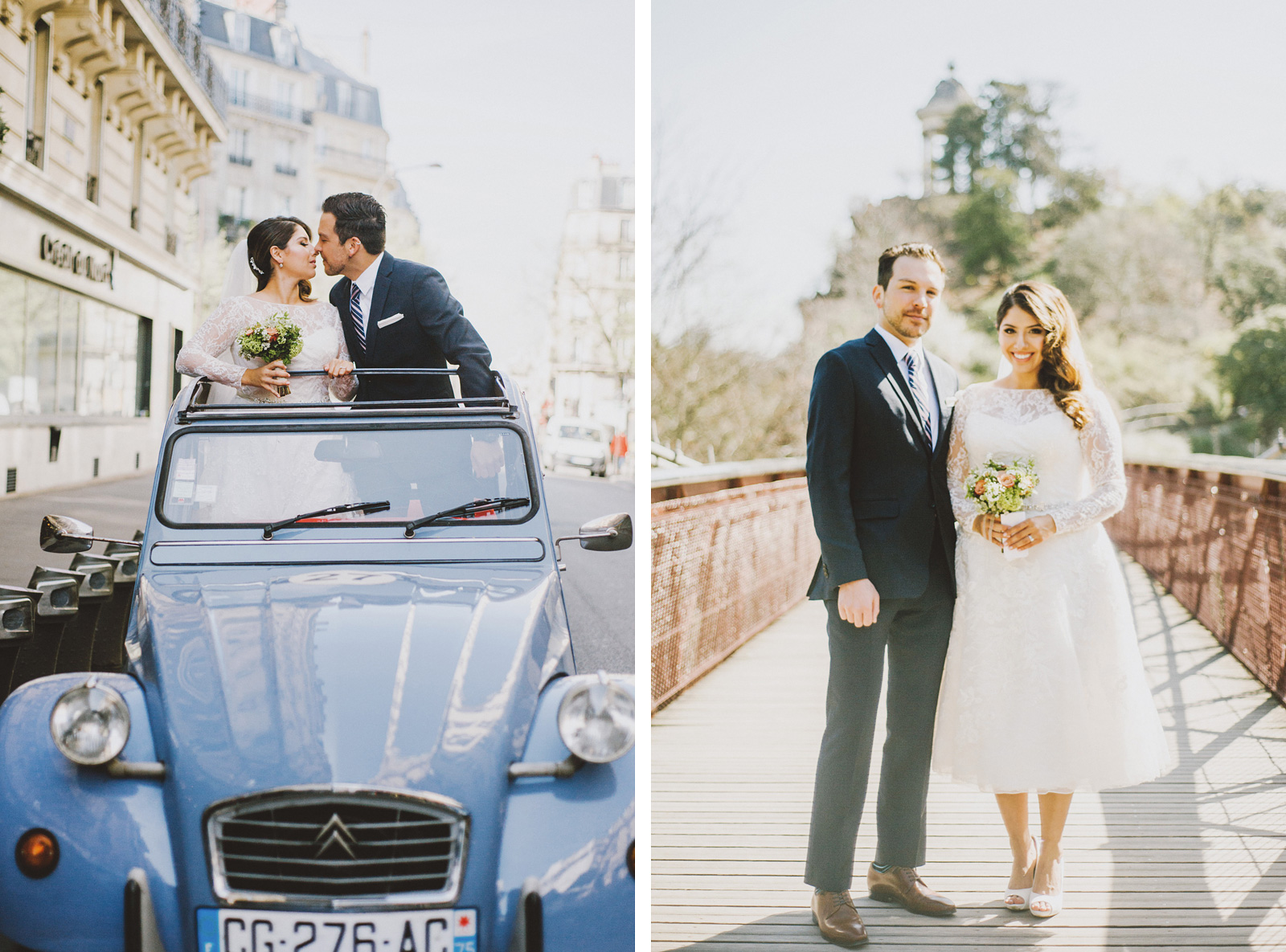Bride and Groom riding in a 2CV | Springtime Paris Elopement at Parc des Buttes Chaumont