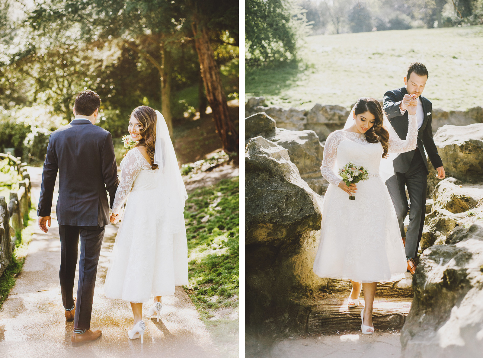 Bride and Groom walking to ceremony site | Springtime Paris Elopement at Parc des Buttes Chaumont