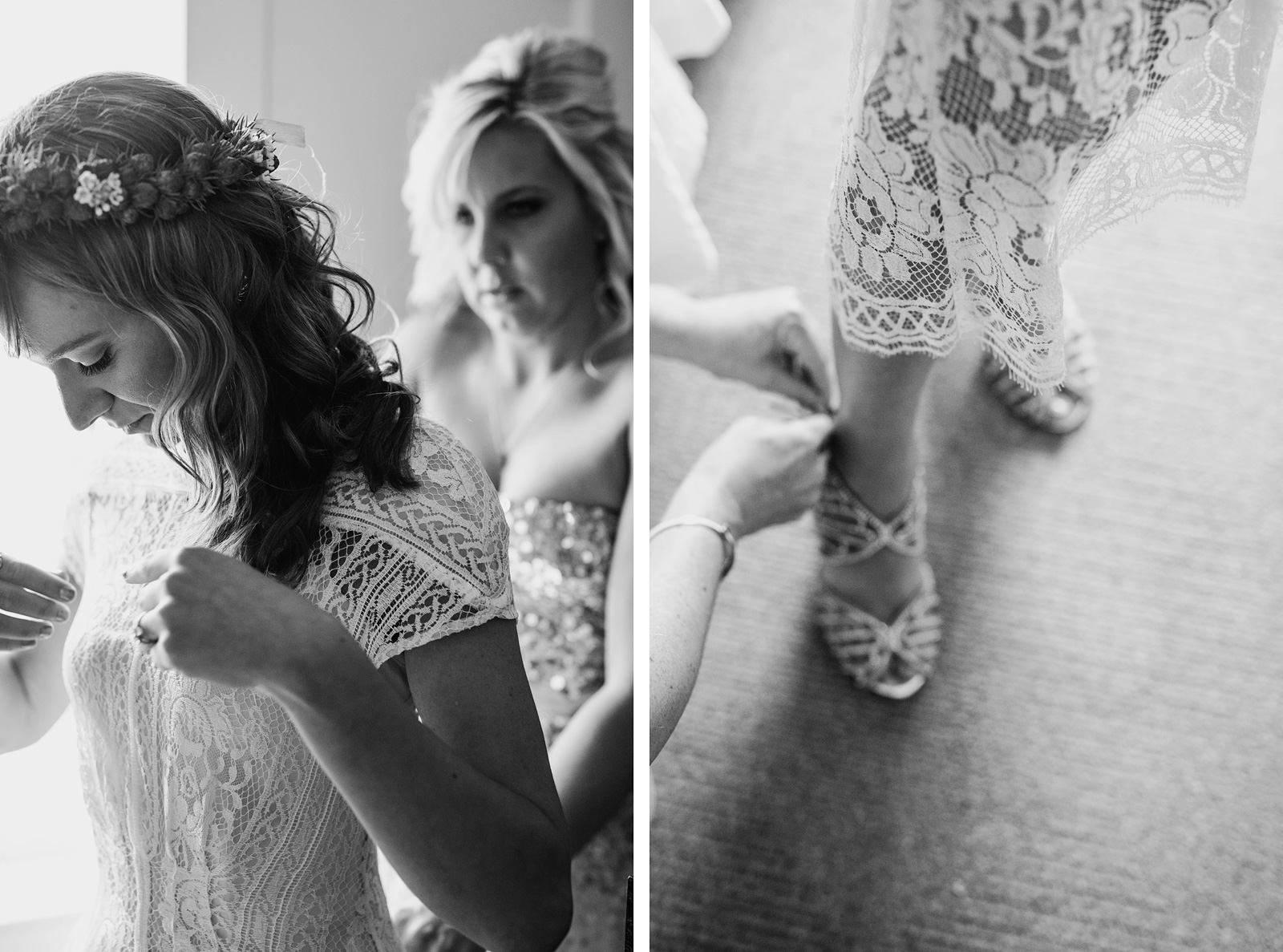Bride putting on dress | Castaway Portland Wedding
