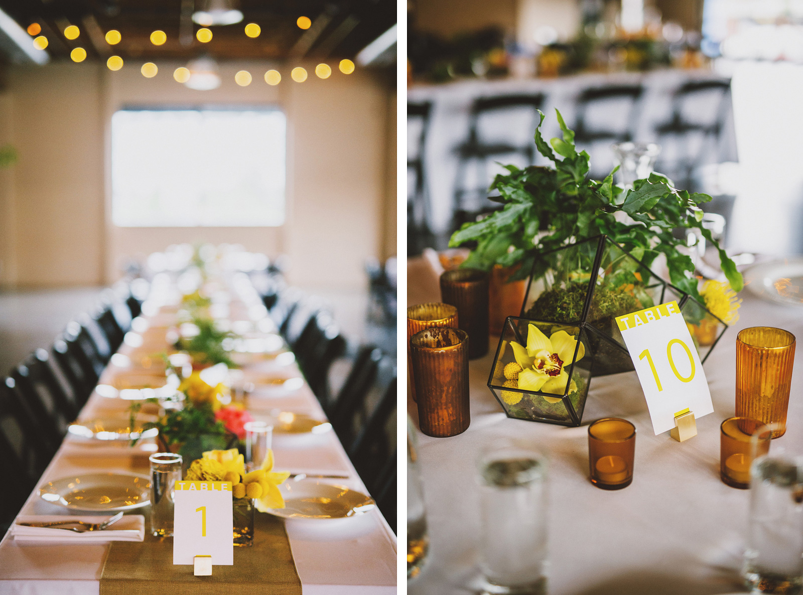 Reception table settings and centerpieces | Castaway Portland Wedding