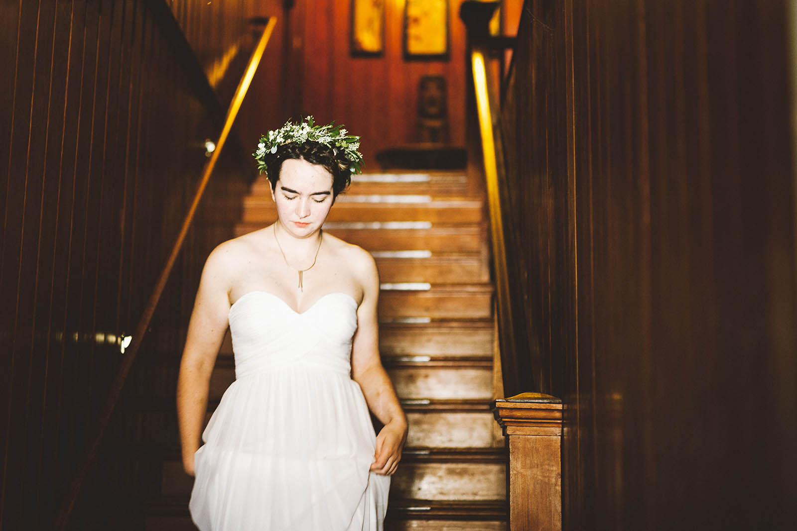 Bride walking downstairs | SouWester Lodge Wedding