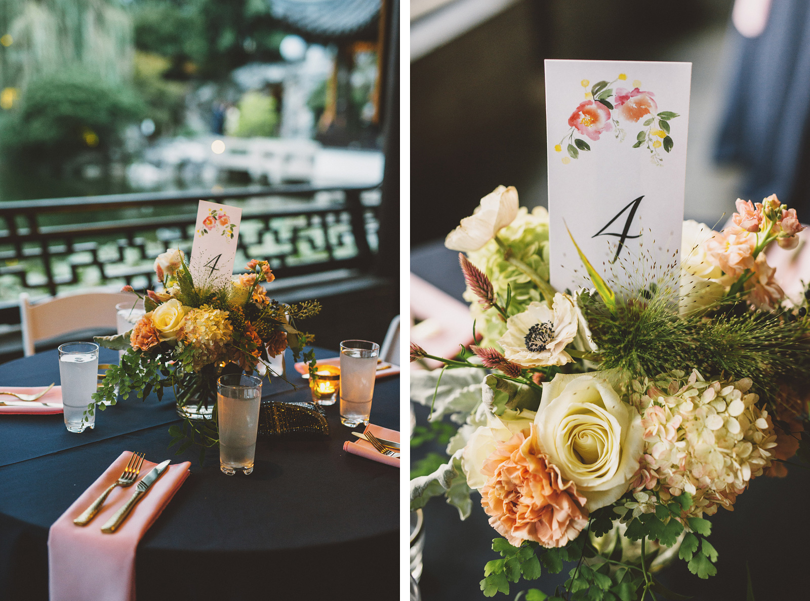 Table settings and centerpieces by Form and Flora | Lan Su Chinese Garden Wedding