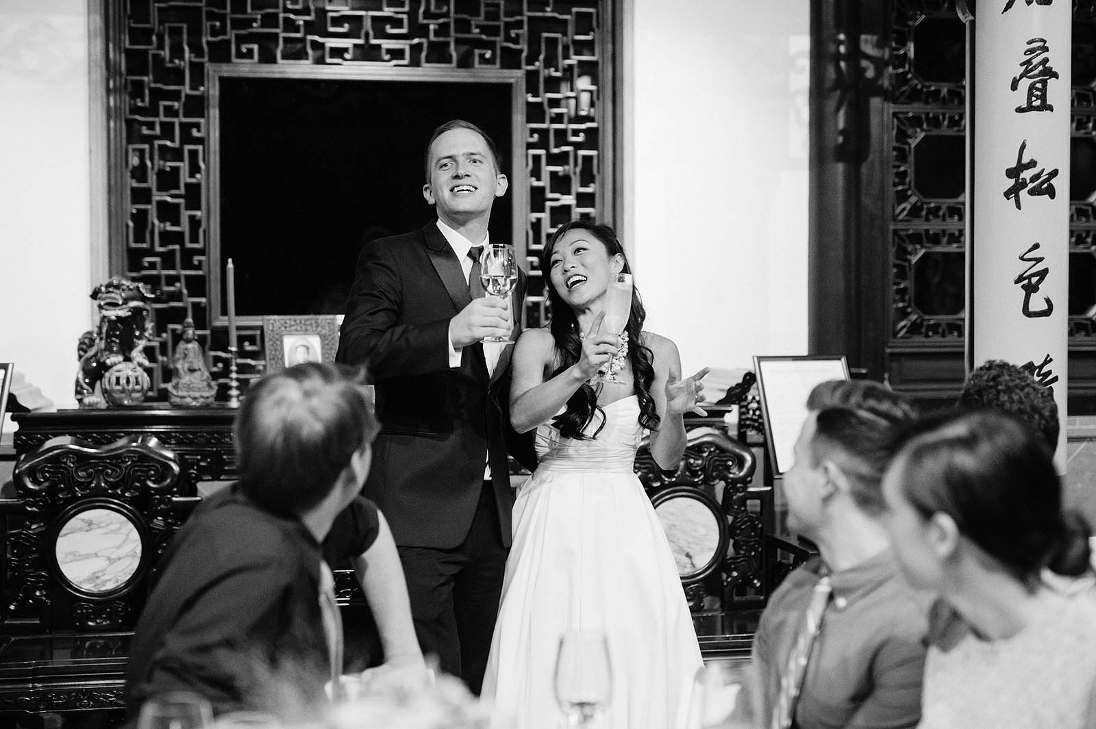 Bride and Groom visiting with guests | Lan Su Chinese Garden Wedding