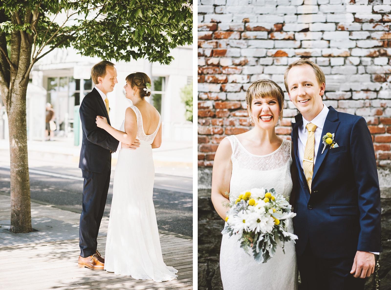 Portraits of Bride and Groom outside Tanner Springs Park | Ecotrust Rooftop Wedding in Downtown PDX