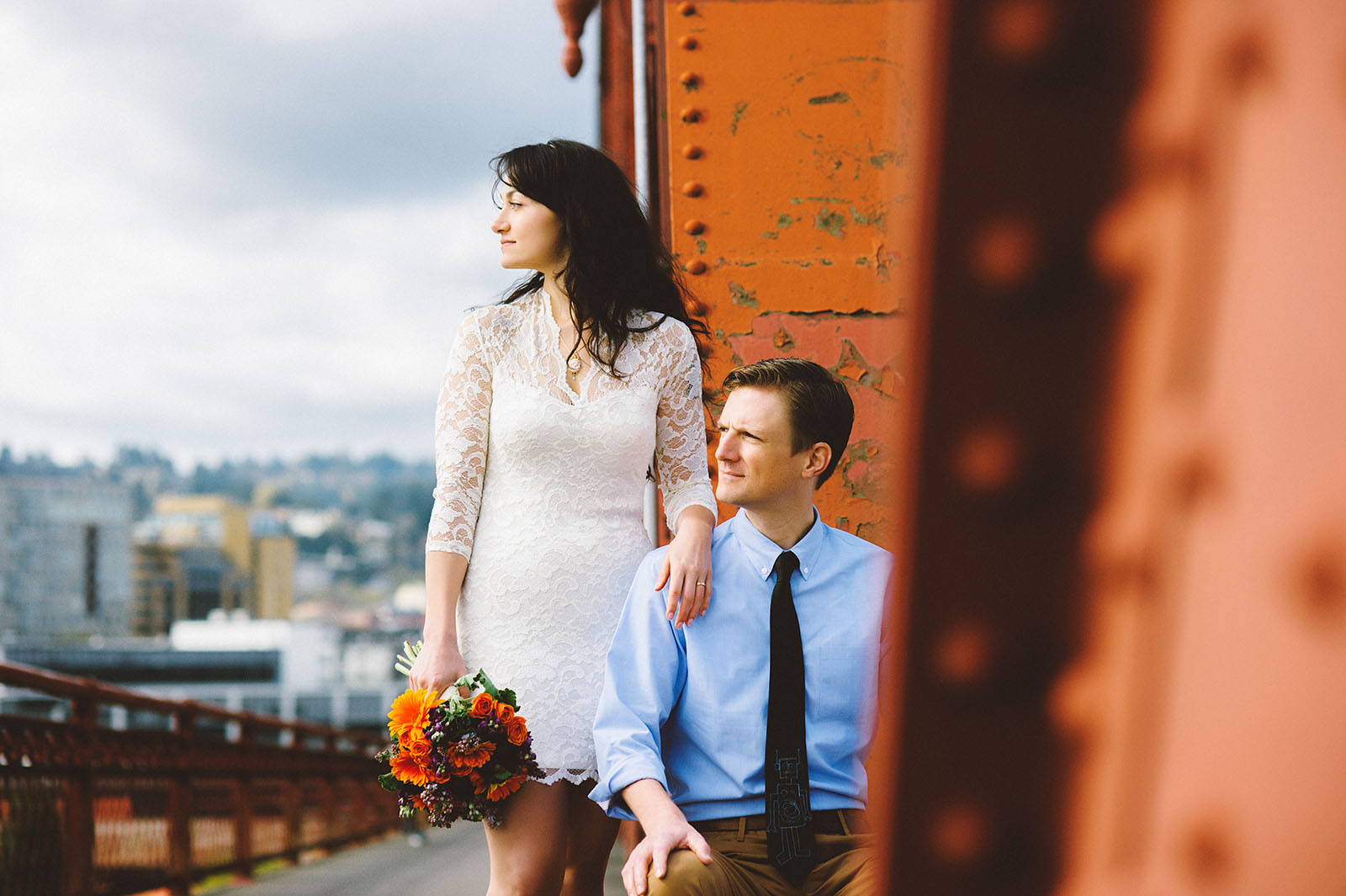 Portrait of Bride and Groom on the Broadway Bridge | Portland Courthouse Wedding