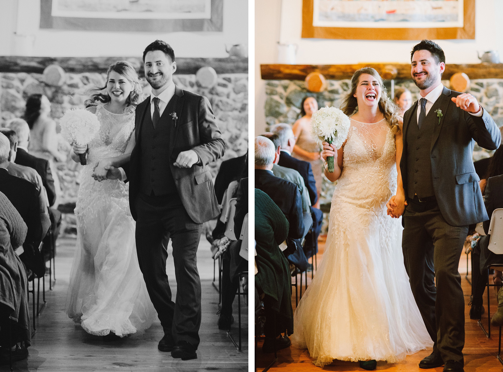 Bride and Groom dancing down the aisle after the ceremony | Camano Island Wedding