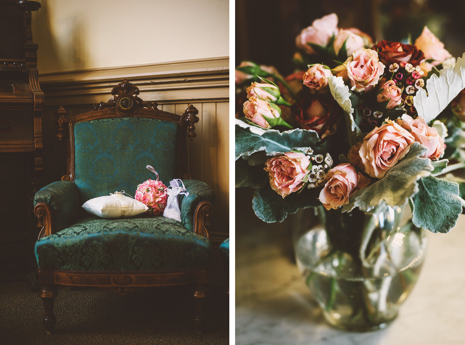 Ring Bearer's Pillow and Bride's Bouquet sitting on a velvet chair | Old Church Wedding Photos