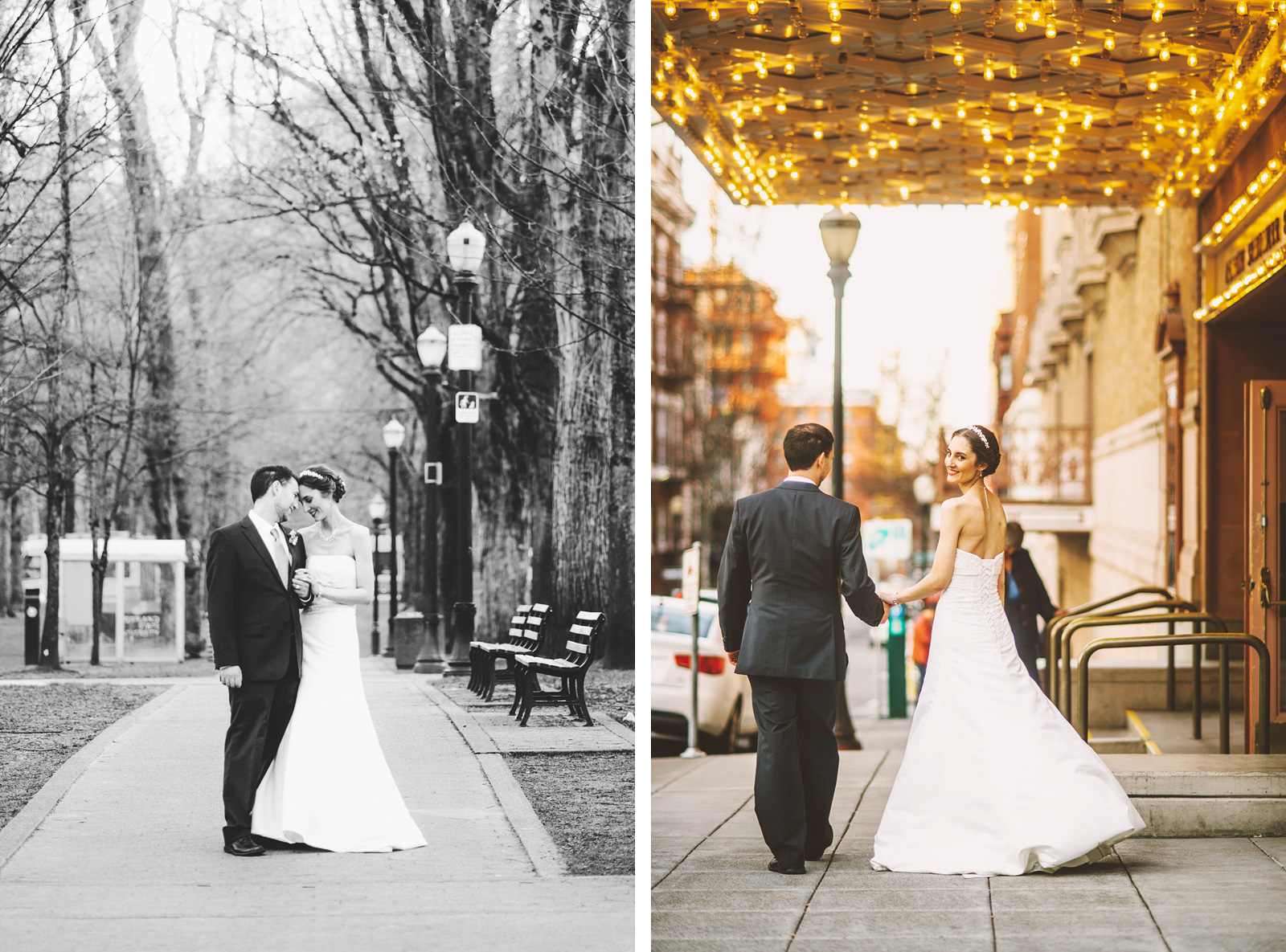 Bride and Groom walking through South Park Blocks in Downtown Portland | Old Church Wedding Photos