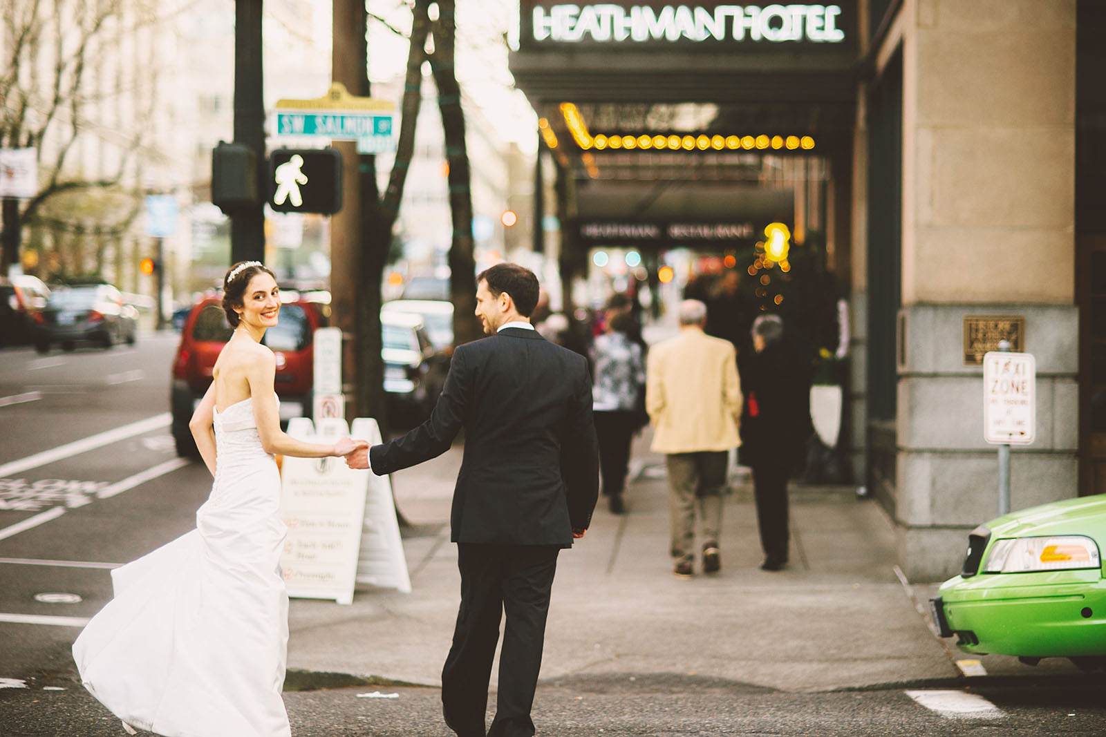 Couple entering the Heathman Hotel on their wedding night | Old Church Wedding Photos