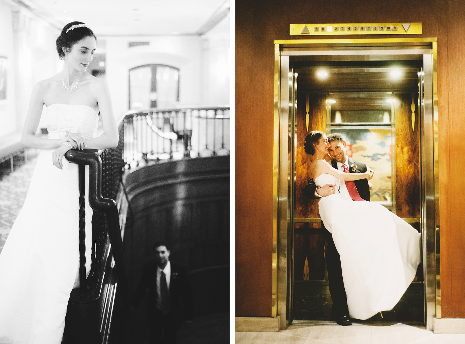 Bride and Groom going up the hotel elevator | Old Church Wedding Photos