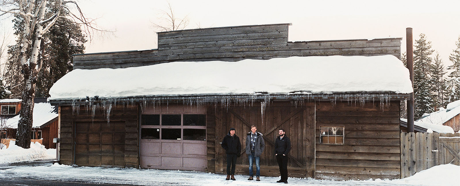 Boys in front of an ice covered barn in Trout Lake, WA | Contax Aria