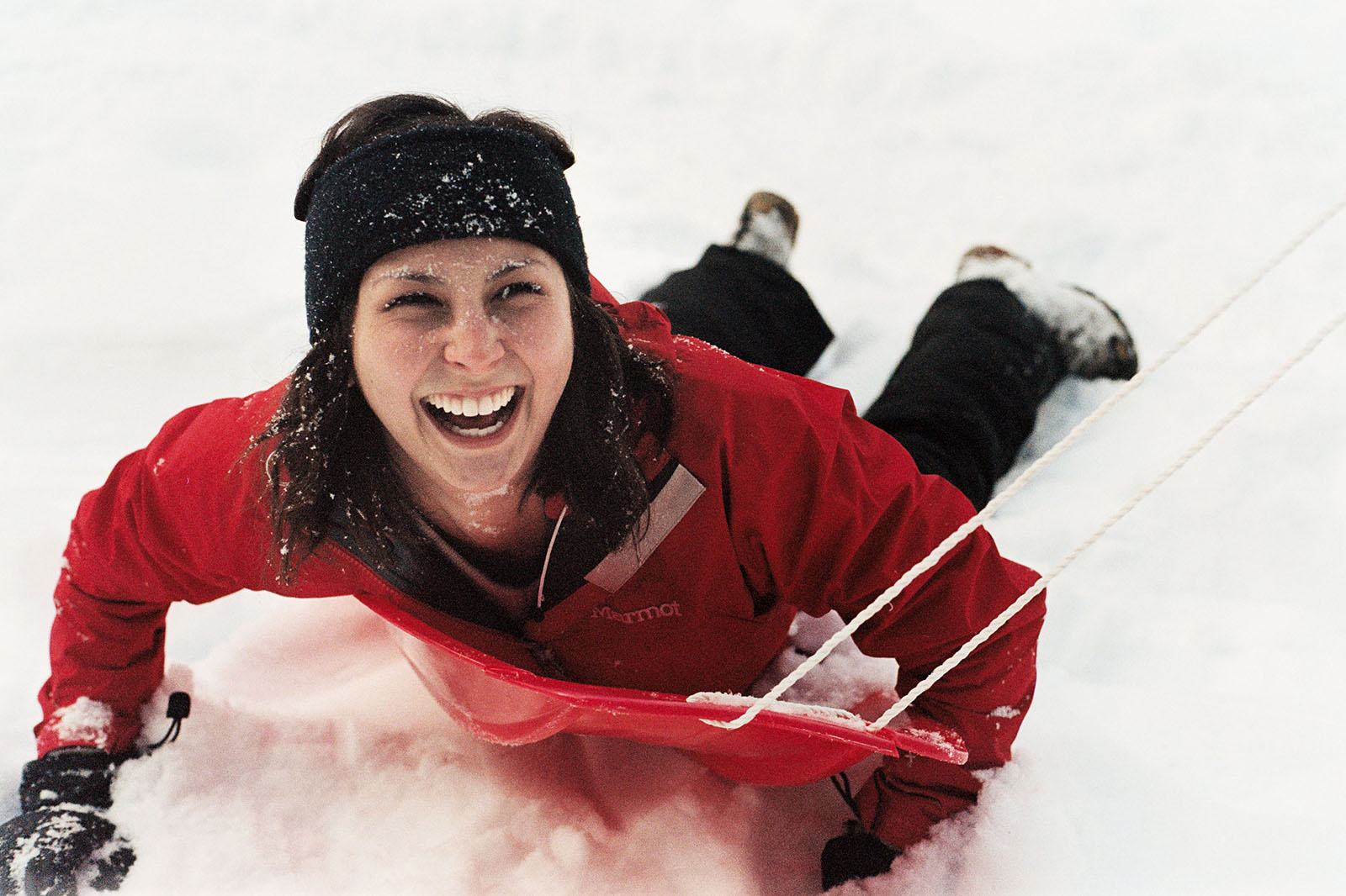 Lara coming down the sledding hill in Trout Lake, WA | Contax Aria