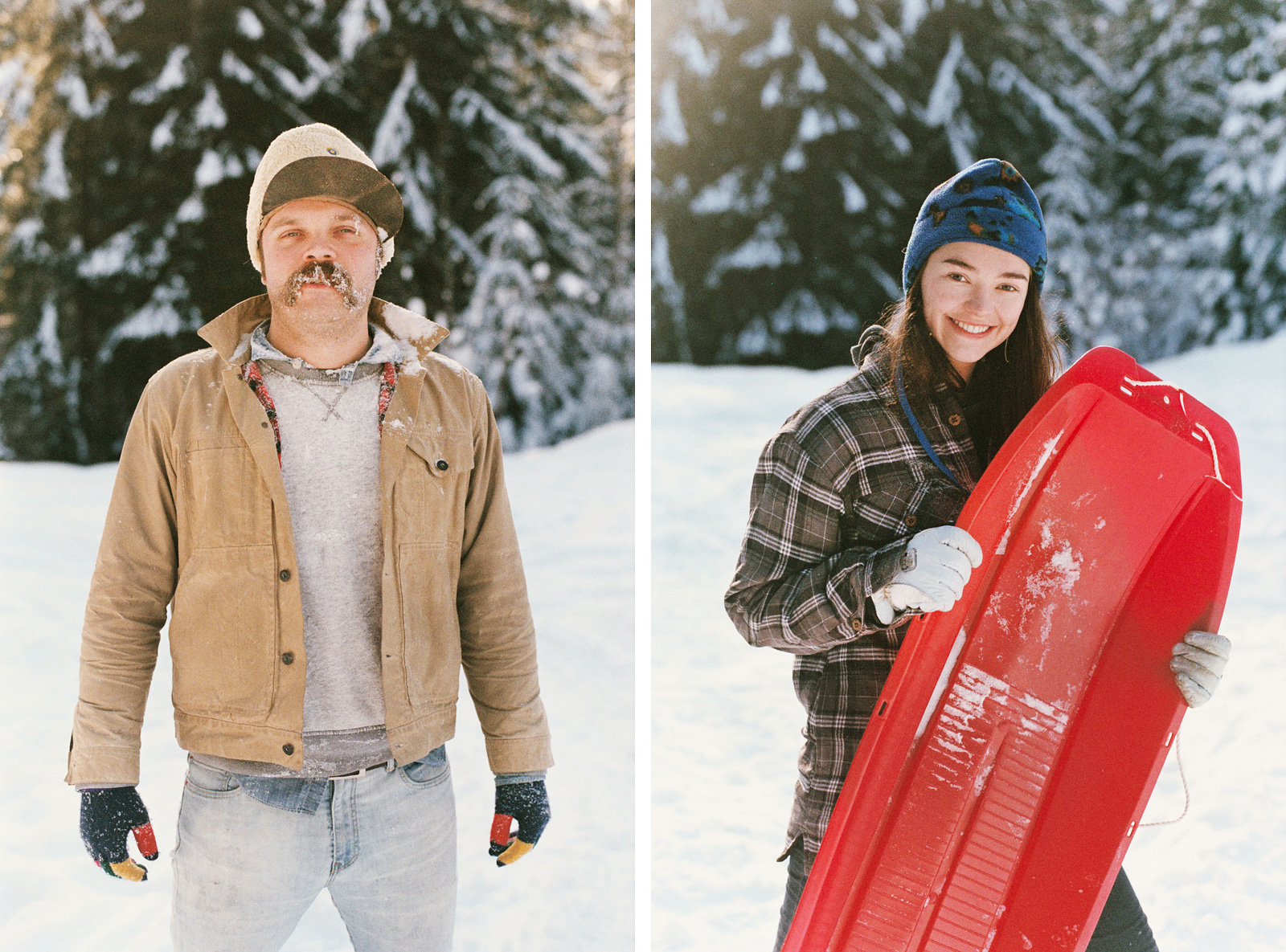 Portraits of friends at the snow sledding hill in Trout Lake, WA | Contax Aria