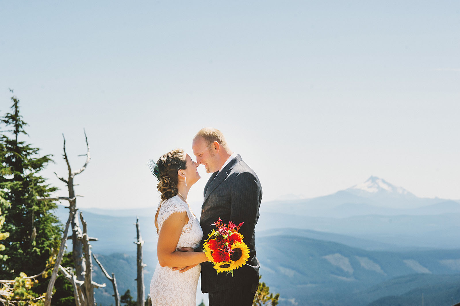 Portrait of bride and groom at the Timberline | Mazama Lodge Wedding
