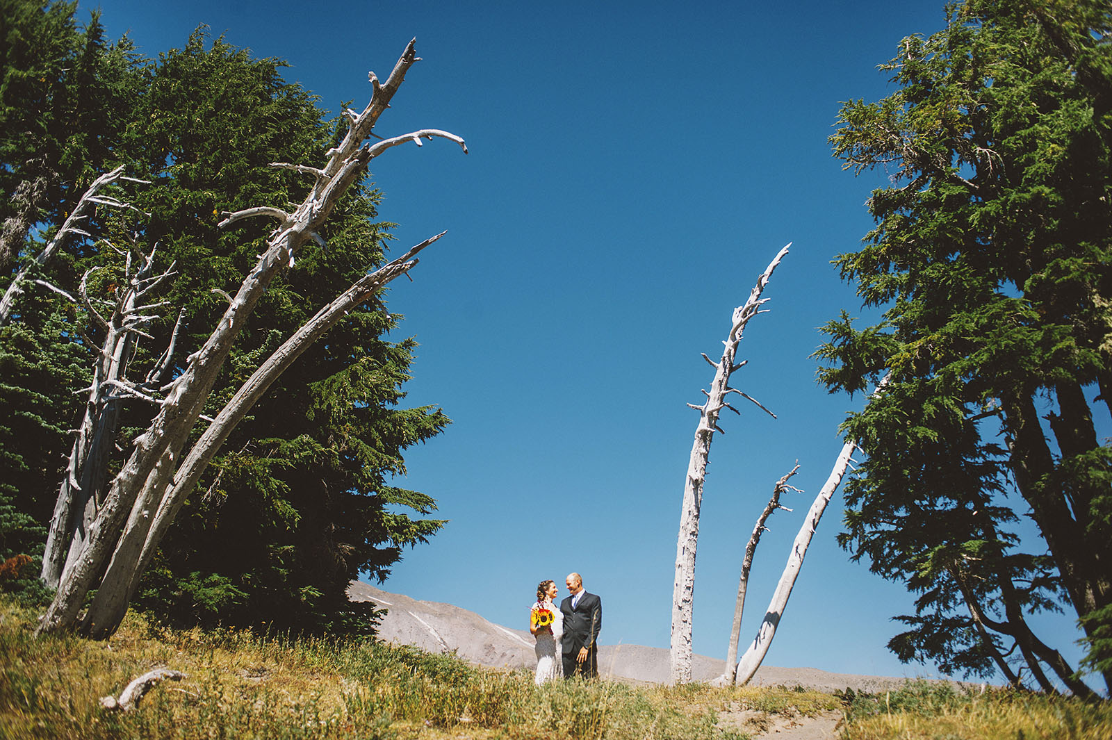 Portrait of bride and groom at the Timberline | Mazama Lodge Wedding
