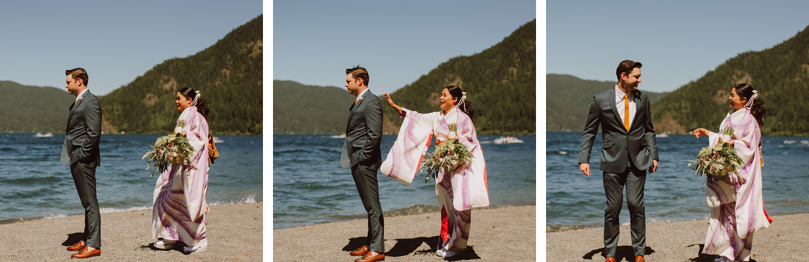 Bride and Groom's First Look on Lake Crescent | Olympic National Park Wedding