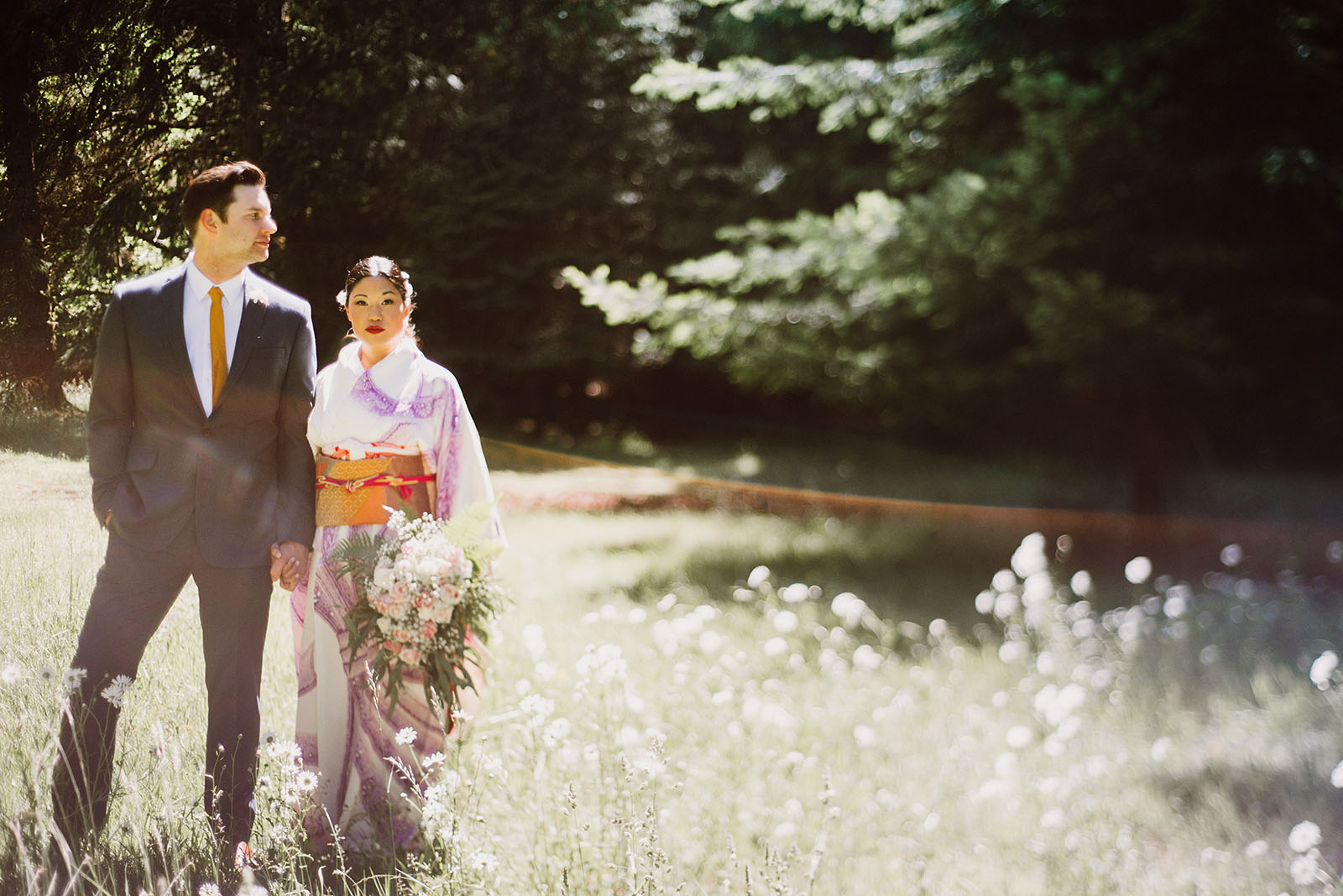 Lens flare portrait of bride and groom | Olympic National Park Wedding