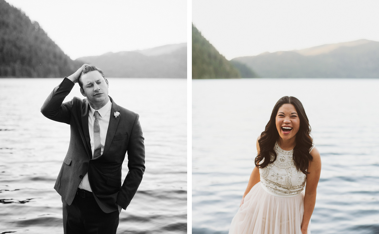 Portraits of bride and groom on Lake Crescent | Olympic National Park Wedding