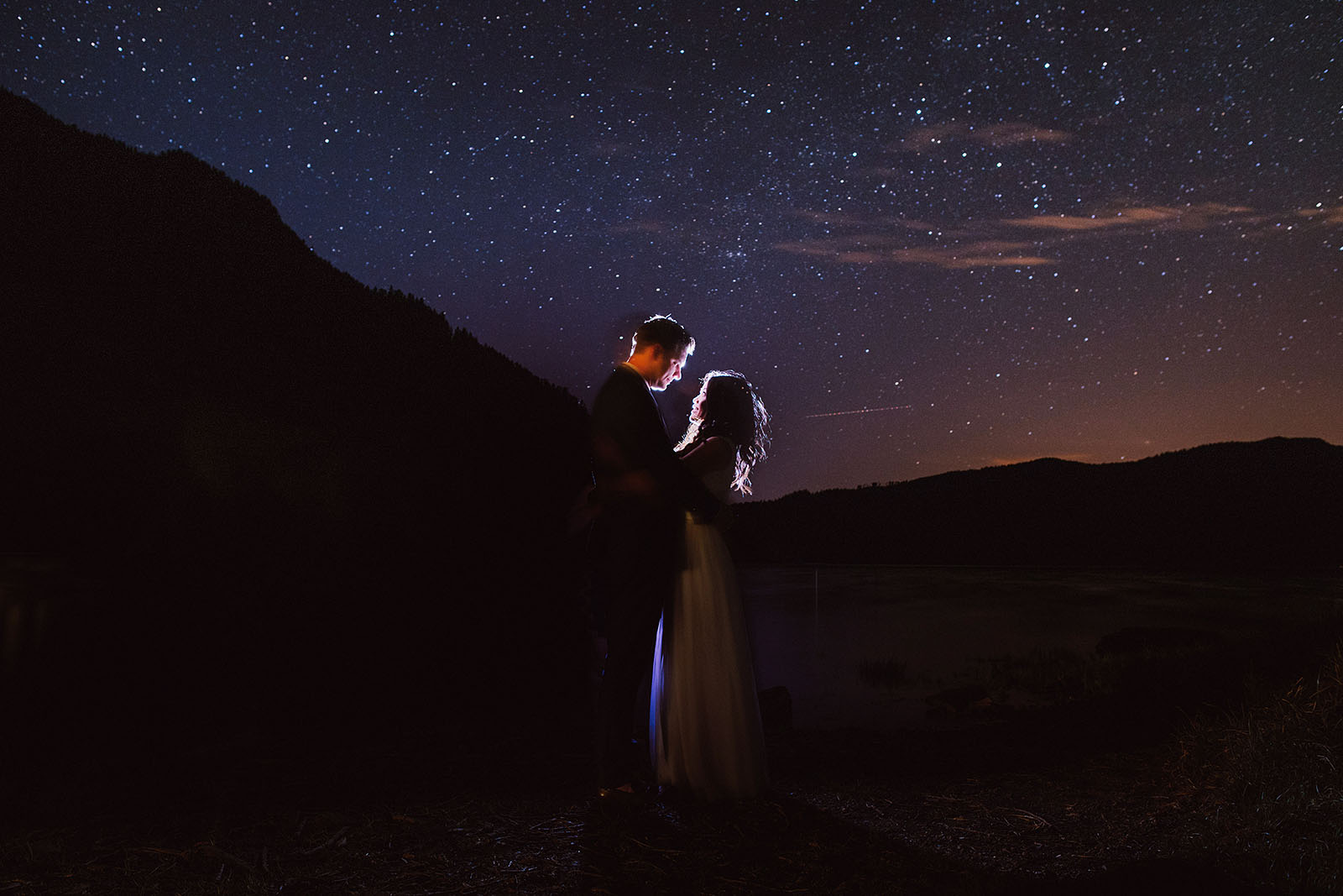 Starry portrait of bride and groom on Lake Crescent | Olympic National Park Wedding